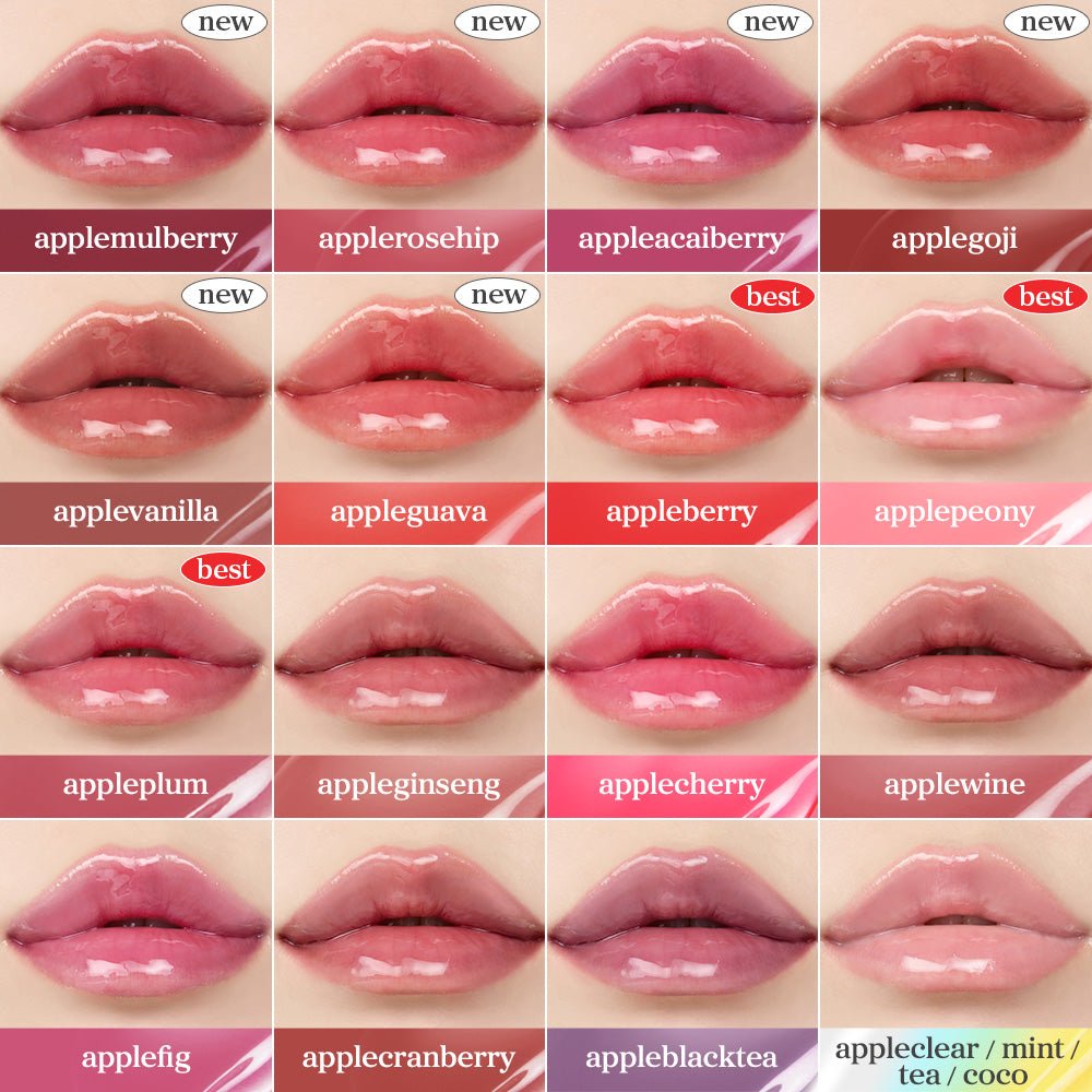 Multiple lip oil shades displayed on fair toned lips emphasizing color variation and shade range across different tones.