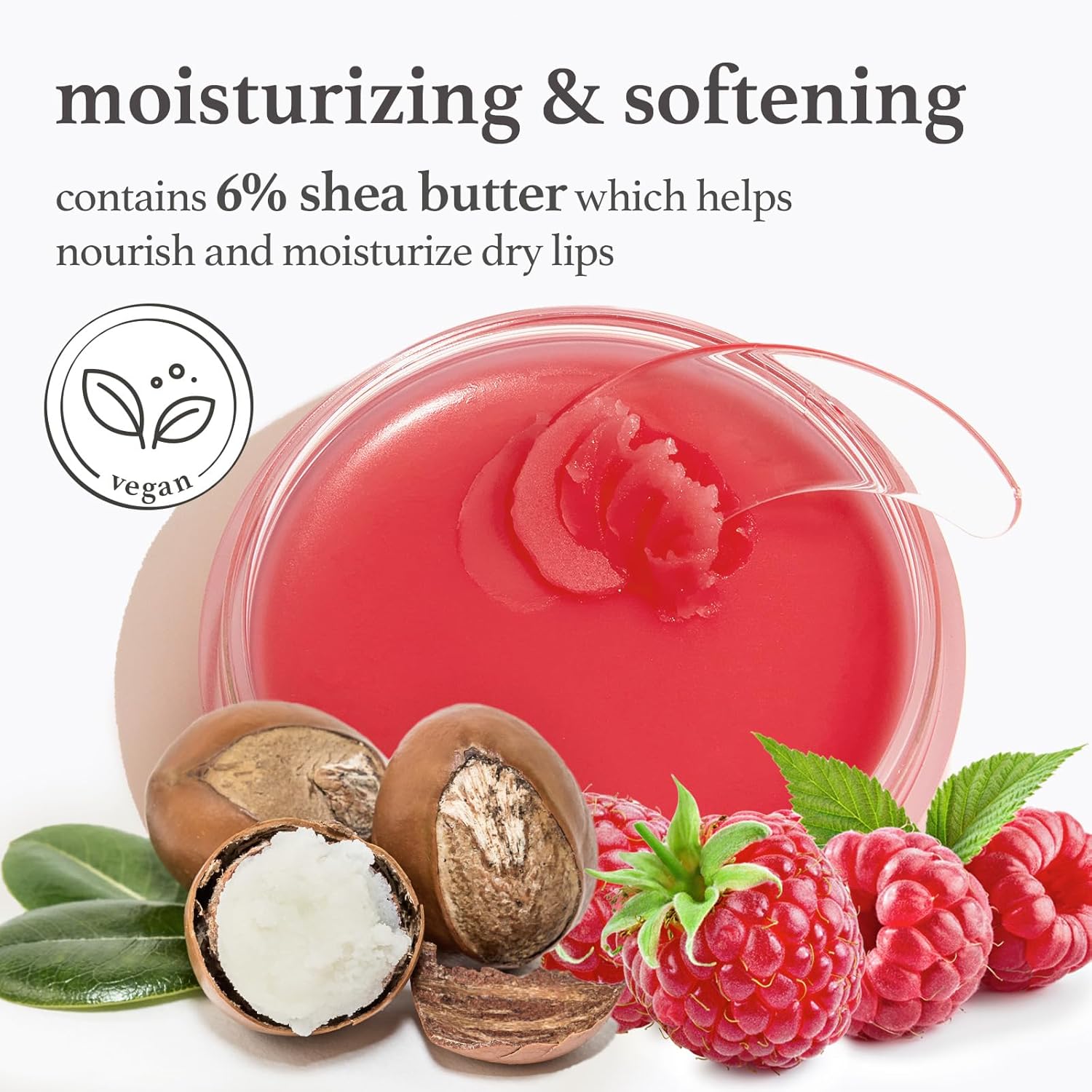 Appleberry lip mask ingredient image showing 6 percent shea butter for moisturizing and softening lips.