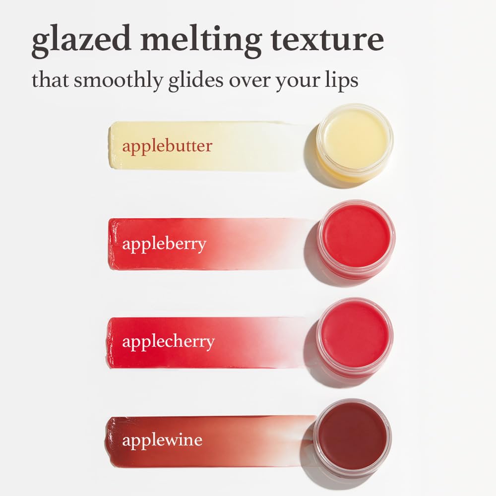 Multiple lip mask textures showing applebutter, appleberry, applecherry, and applewine with smooth melting consistency.